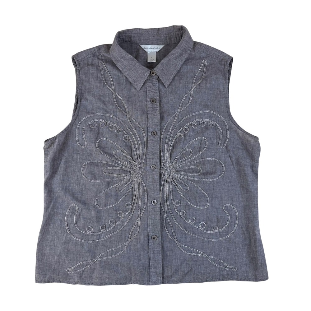 Boho Embroidered Sleeveless Cotton Top Butterfly Detail XL Christopher & Banks